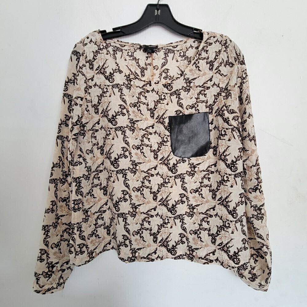 Club Monaco 100% Silk 100% Leather Pocket Long Sleeve Floral Tan Blouse Size XS